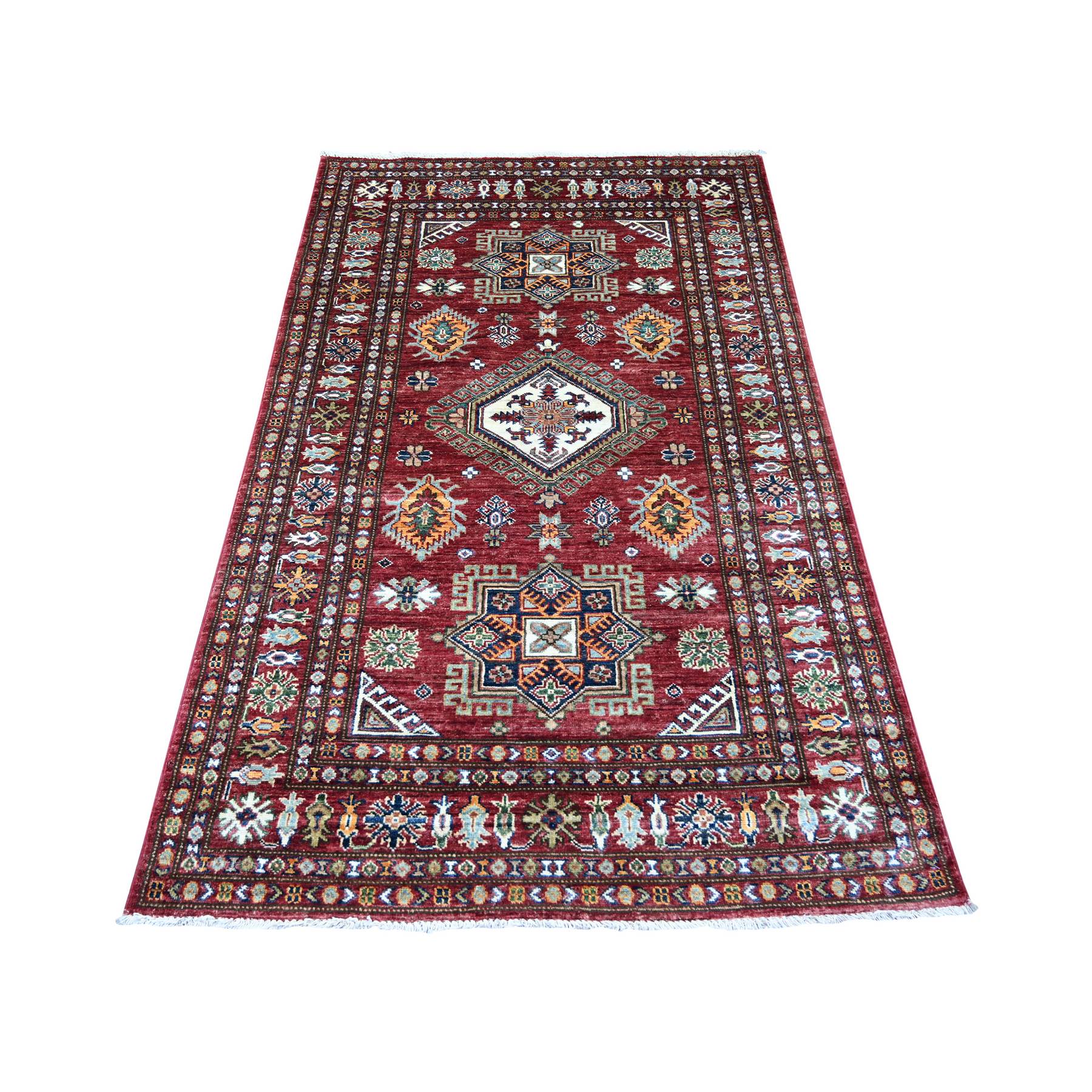 Savvy Red, Hand Knotted, Afghan Super Kazak with Geometric Medallions Design, Soft and Velvety Wool, Vegetable Dyes, Oriental Rug